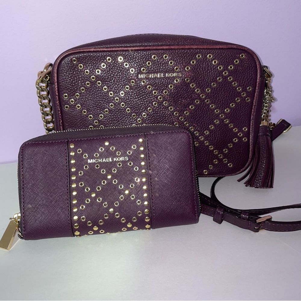 Michael Kors Ginny Grommeted Leather Mini Crossbody Bag Matching Wallet Damson